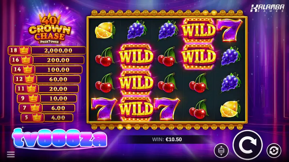 Tampilan visual slot 40 Crown Chase PrizeTower dengan simbol mahkota dan buah-buahan.